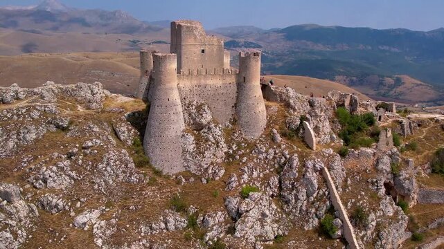 Abruzzo, Italy . The Castle of Rocca Calascio is a mountaintop fortress or rocca in the municipality of Calascio, in the Province of L'Aquila, highest castle in Italy. aerial drone 4k footage