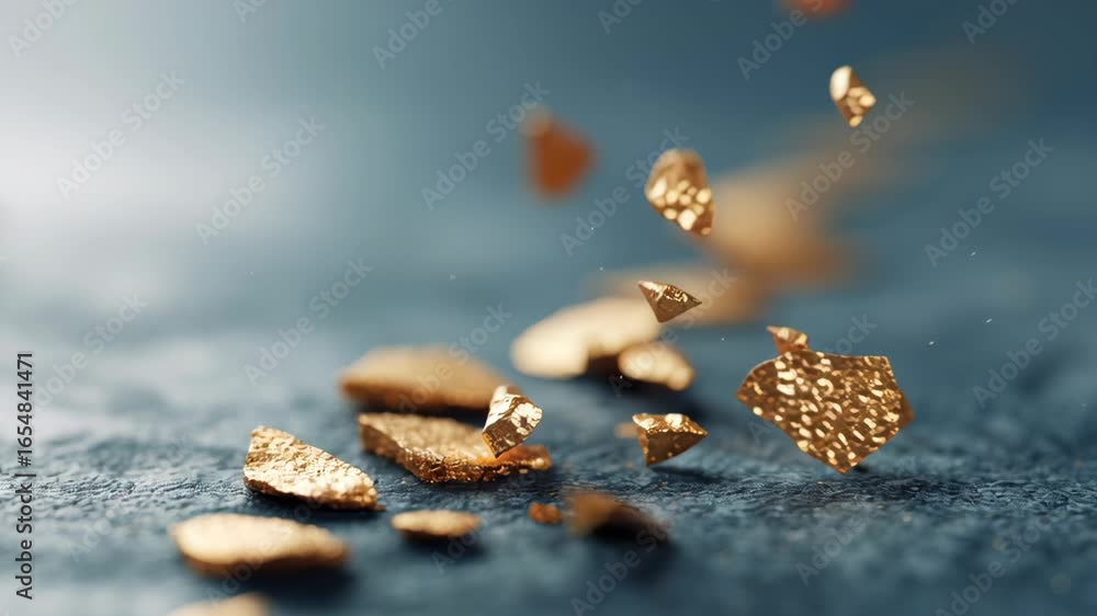 Poster surreal abstract artwork featuring floating golden fragments against a soft background
