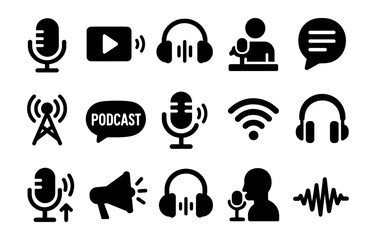 Podcasting icon set: microphone, headphones, audio symbols in bold black silhouette style