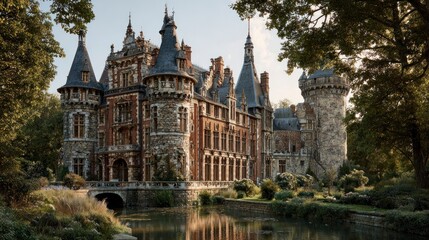 Obraz premium A stately castle stands by a tranquil pond.