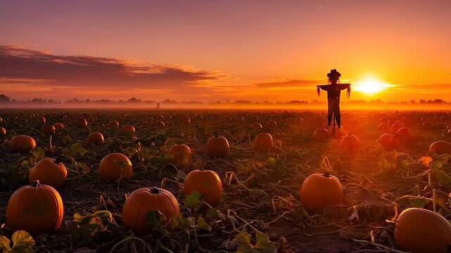 A solitary scarecrow stands guard over a pumpkin patch at sunrise, bathed in the warm, golden light of dawn.
