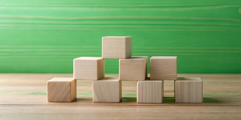 Wooden Blocks Arranged in a Pyramid Shape on a Wooden Surface Against a Green Background