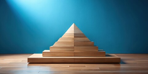 Wooden pyramid structure on a platform against a blue wall