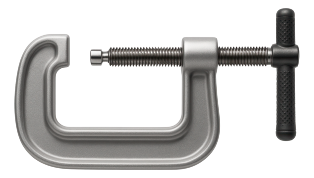 Heavy-duty C-clamp with a swivel pad for metalworking projects.