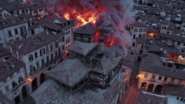 Aerial view of burning city block with raging fires and smoke columns 