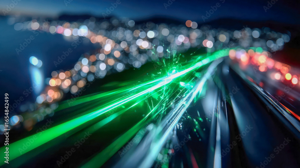 Poster high-speed green and red light trails with bokeh cityscape in the background