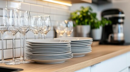 Clean Kitchen Stacked Plates and Wine Glasses on Countertop
