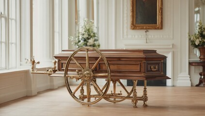 Ornate wooden funeral cart in a grand hall