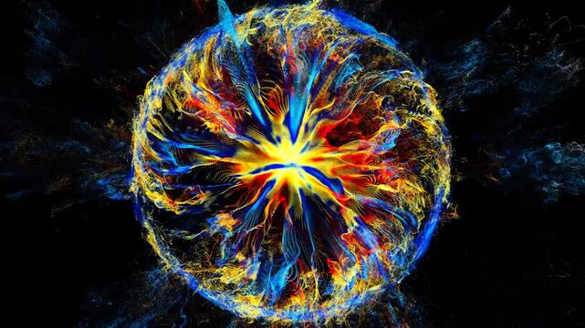 3d render abstract art video animation of a surreal fantasy mystic eye ring circle or sphere based on color liquid splash particles in red, blue, and yellow mixed color on an isolated black background