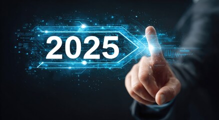 Obraz premium Hand pointing at a digital 2025 projection