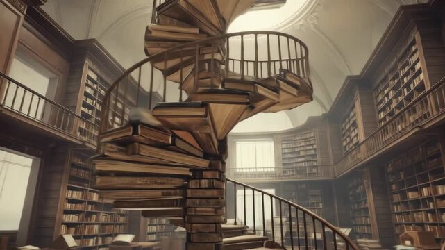 A grand library features a spiral staircase of stacked books. Shelves line the walls and balconies, all in warm tones, leading to an arched ceiling