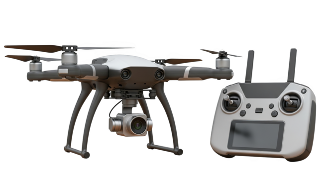 A sleek drone with remote stands ready, hinting at adventure and innovation.
