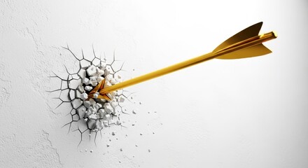 A powerful golden arrow directly hits a target, shattering a white wall as a strong metaphor for business success and breakthrough