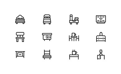 Linear Furniture Icon Pack – Flat Outline Minimal Home Interior Vector Set with Sofa, Chair, Bed, Lamp, Table, Wardrobe, Clean Collection for Web and Print Design
