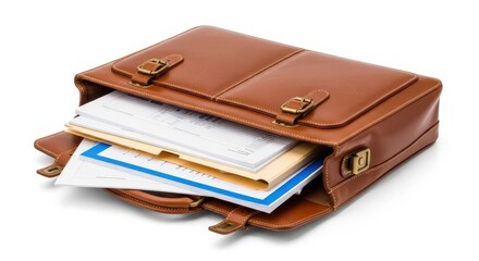 Classic tan leather satchel filled with legal paperwork, contracts, and business correspondence on a clean white studio background
