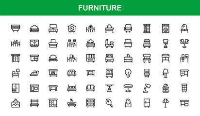Furniture Icons Set – Modern Linear Outline Home Interior Symbols, Sofa, Chair, Bed, Table, Minimal Flat Style Collection for Web, App, and Design Projects