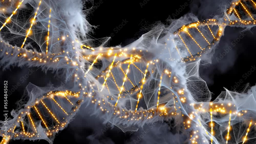 Poster illuminated dna strands intertwining with glowing particles against a dark backdrop