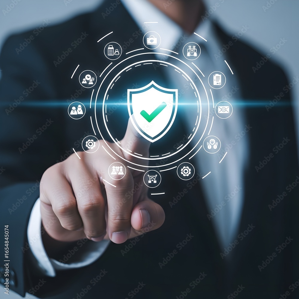 Poster businessman touching a digital shield with checkmark surrounded by technology icons symbolizing secu