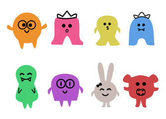 Cute kids monster icon set illustration with colorful simple cartoon characters in orange, pink, yellow, blue, green, purple, gray, and red designed for playful children decoration