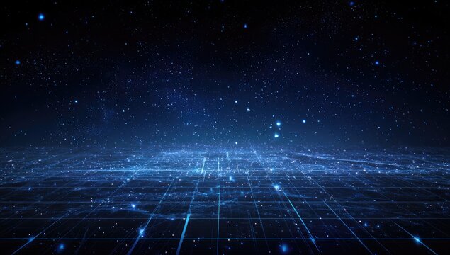 Digital cityscape at night, dotted with stars.  Abstract, futuristic, tech, network, grid