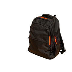 Transparent PNG available Durable black backpack with multiple compartments, padded straps, and an orange zipper for school travel, hiking, commuting, and everyday use