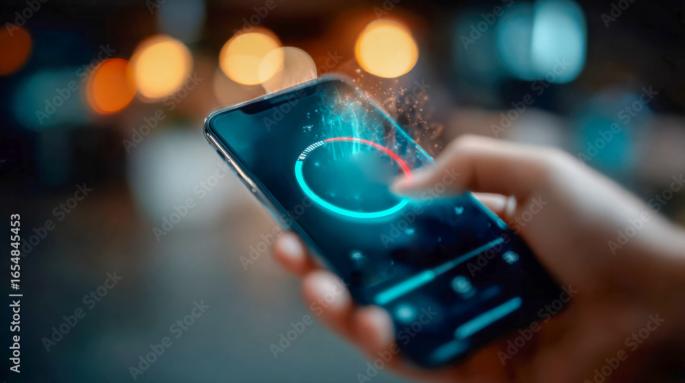 Poster hand interacting with a futuristic smart home control interface on a smartphone, illuminated with ne