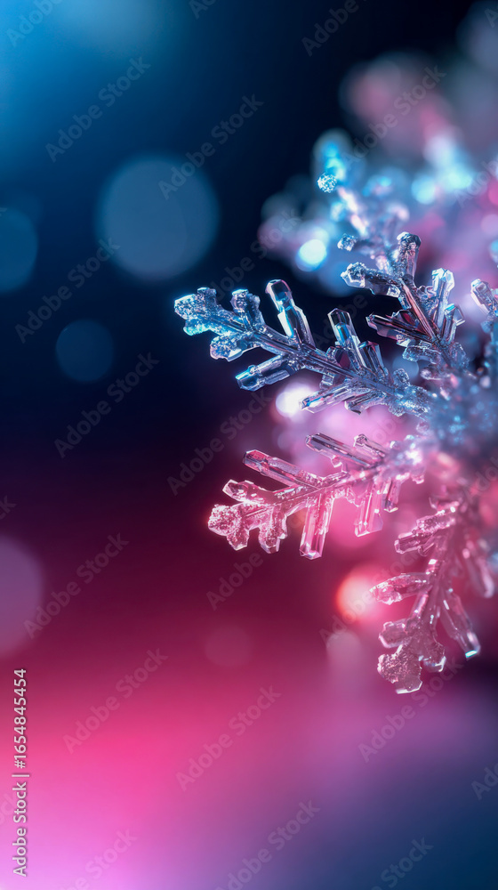 Poster close-up of a transparent snowflake with intricate details, resting on a reflective surface with glo