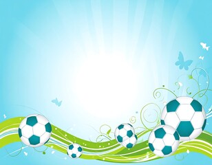 Soccer balls and swirls on a light blue background