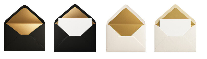 Black and white luxury envelopes with metallic gold lining and blank card set isolated on transparent background for stationery mockup and invitation design
