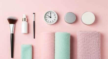 Fototapeta premium Beauty Routine Essentials: Makeup Brushes, Clock, Towels, and Skincare Products Arranged on Pink