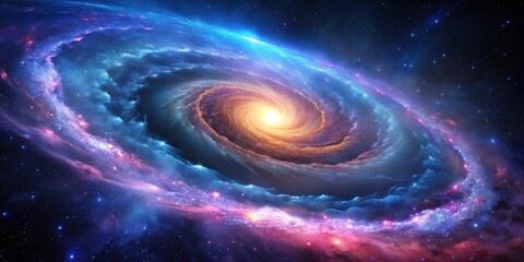 A Majestic Spiral Galaxy, Swirling Nebulae and Celestial Dust, Illuminated by a Brilliant Core, Displaying Vivid Hues of Blue, Purple, and Orange