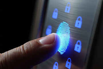 Fingerprint Scan on Secure Device Accessing with Finger Authentication and Security Padlock Icons