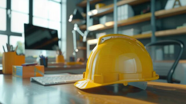 A yellow hard hat sits on a wooden table, ready for use