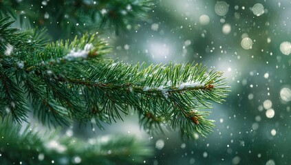 Close-up of snowy pine branch, soft bokeh