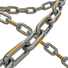 Obraz premium Abstract depiction of interconnected metal chains with golden accents on black