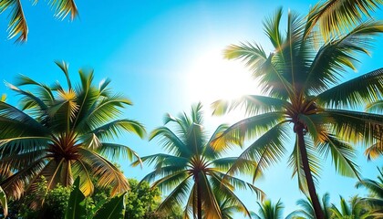 Obraz premium Sun-drenched coconut palms, lush green foliage, clear blue sky, sunlight, summer background