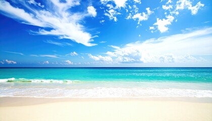 Obraz premium Tranquil Beach Scene with Vibrant Blue Sky and Gentle Waves on Sandy Shoreline, Ideal for Relaxation and Summer Vibes in Natural Beauty Setting