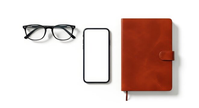 Glasses, Smartphone, and Leather Notebook on White