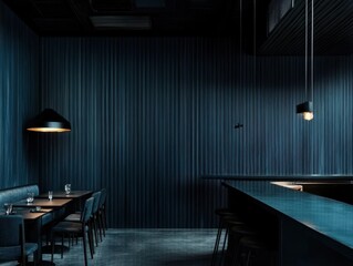 Modern, dark restaurant interior with sleek design.