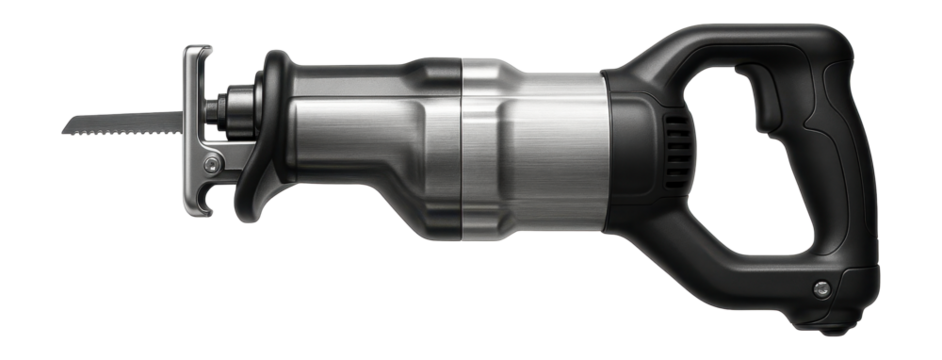 Heavy-duty reciprocating saw with an anti-vibration handle for cutting through thick wooden beams in carpentry.