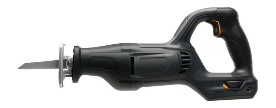 Cordless reciprocating saw with a pivoting handle for enhanced control when cutting overhead beams.