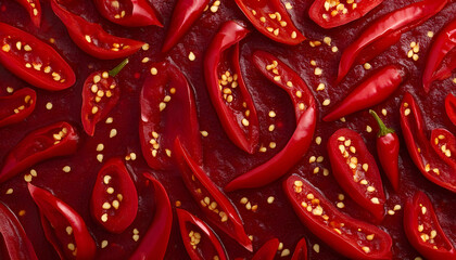 Red chili sauce texture with sliced pepper and seeds. Food seamless pattern concept for culinary ingredient background.