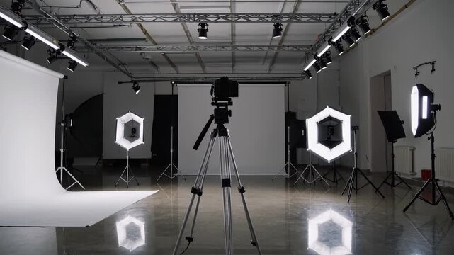  Stills studio with octagon softboxes and camera on tripod facing white wall 