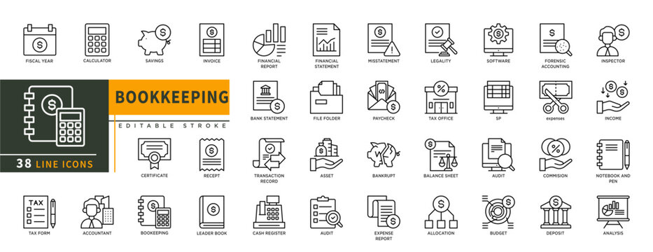 Minimalist Bookkeeping line icons set with editable stroke, featuring fiscal year, calculator, savings, invoice, certificate, recept, accountant, financial statement, pay. thin linear illustration.