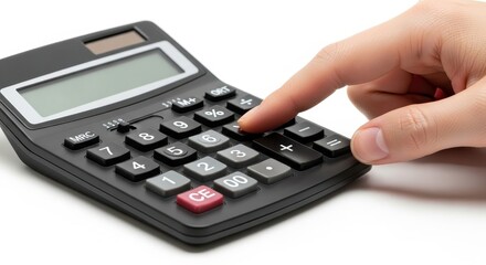 Hand pressing buttons on a black calculator, an essential tool for financial planning, budgeting, and accurate numerical operations