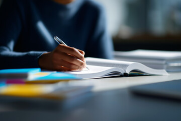 A pupil jotting down notes in a notebook