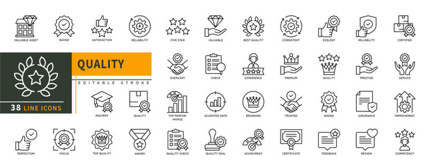 Minimalist Quality line icons set with editable stroke, featuring badge, satisfaction, top, reliability, five star, valuable, award, seal, check, premium, experience, review. thin linear illustration.