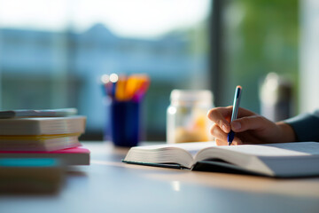 Focused Student Writing in School Textbook