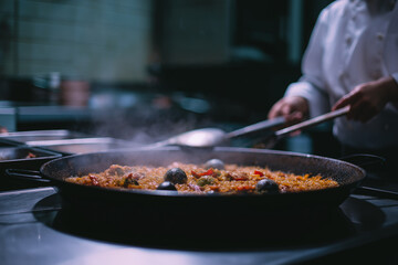 Chef Stirring Large Pan of Paella Dish