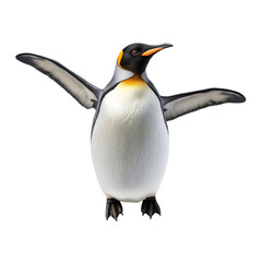 Fototapeta premium A majestic king penguin stands with its wings spread wide isolated on transparent background
